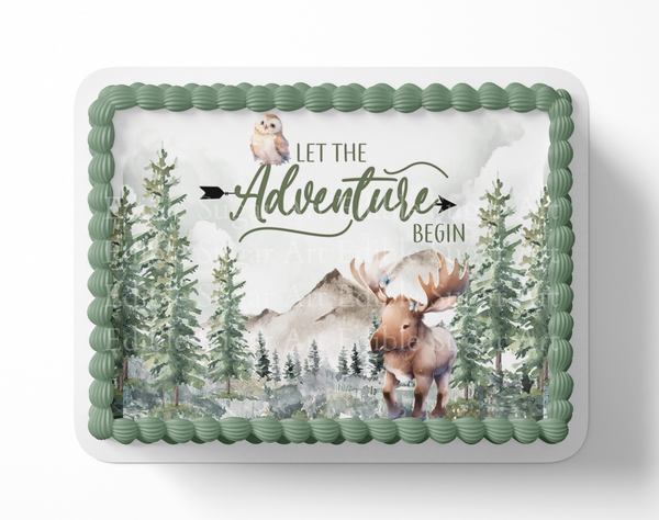 Let the adventure begin baby shower cake topper, the greatest adventure is about to begin, adventure awaits baby shower, cake topper, woodland cake topper, woodland baby shower, edible image, edible sugar art