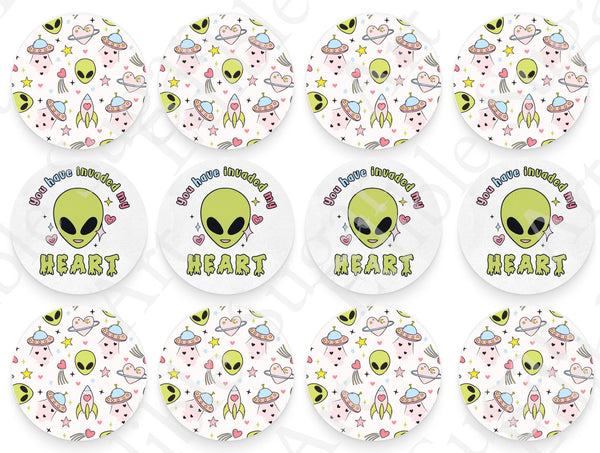 VALENTINE'S DAY Aliens CUPCAKE Toppers Edible Image Valentine's Day alien cake topper Valentine's Day cupcake topper Valentines cupcake t