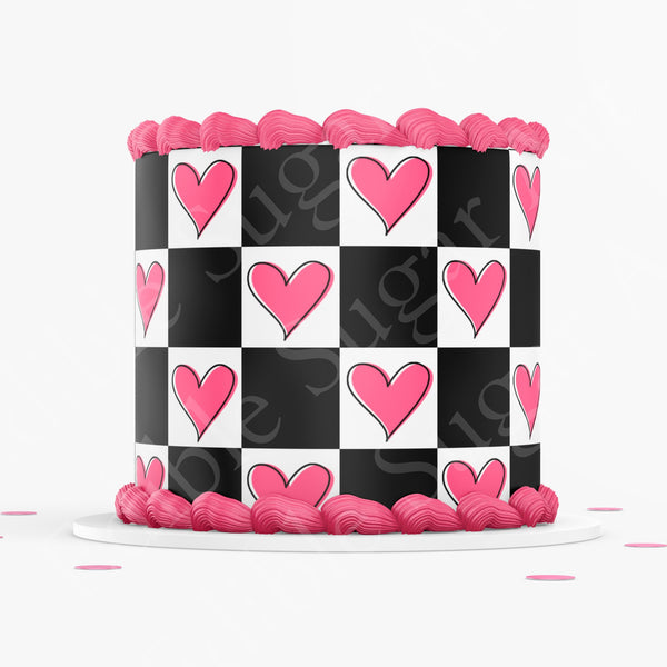 VALENTINE'S DAY CAKE Topper Cake Wrap Valentines Day Edible image Heart Cake topper checker board heart pattern cake topper edible image